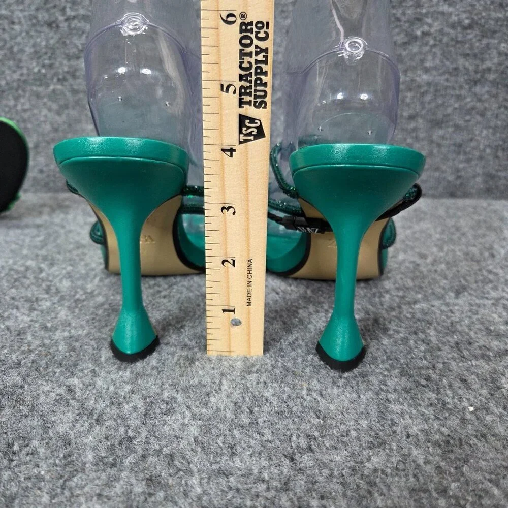 ZARA‎ Green Ankle Rhinestone Open Toe Stiletto Heels Sandals Satin EUR 41 US 10